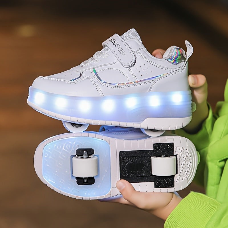 Nord4582 schoen in wit van ademende stof, kunststof wielen en led-verlichting – detailfoto van de afwerking