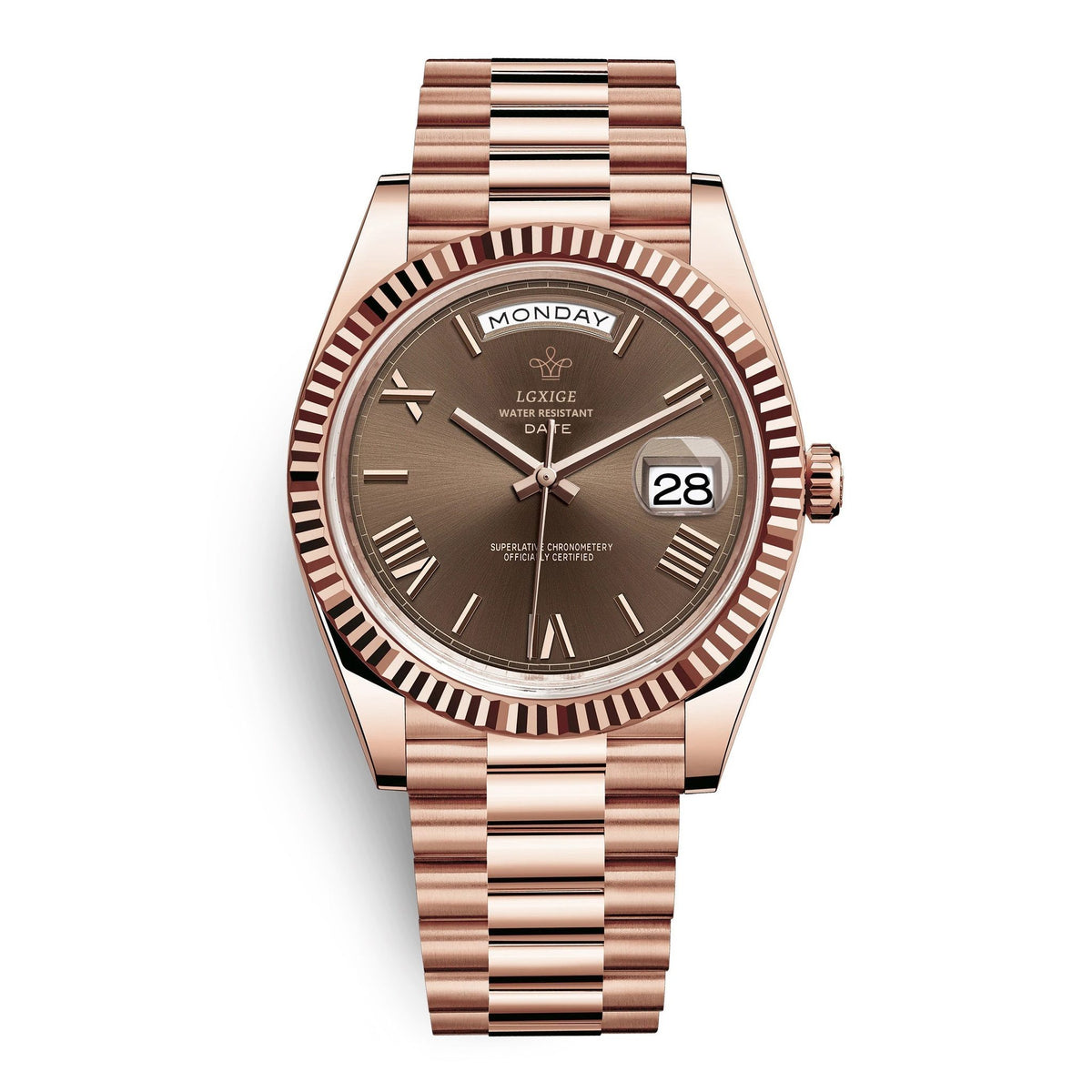 Nord8770 horloge in bruin van roestvrij staal – detailfoto van de afwerking