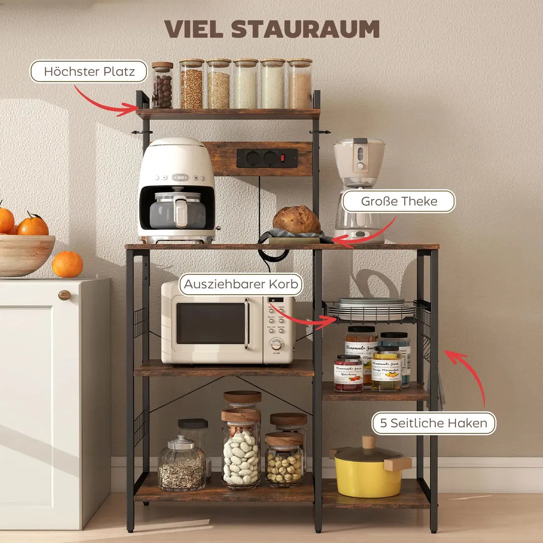 Keukenrek met 2 stopcontacten – staand opbergrek met 5 legplanken, draadmand en haken, 90 × 42 × 130 cm