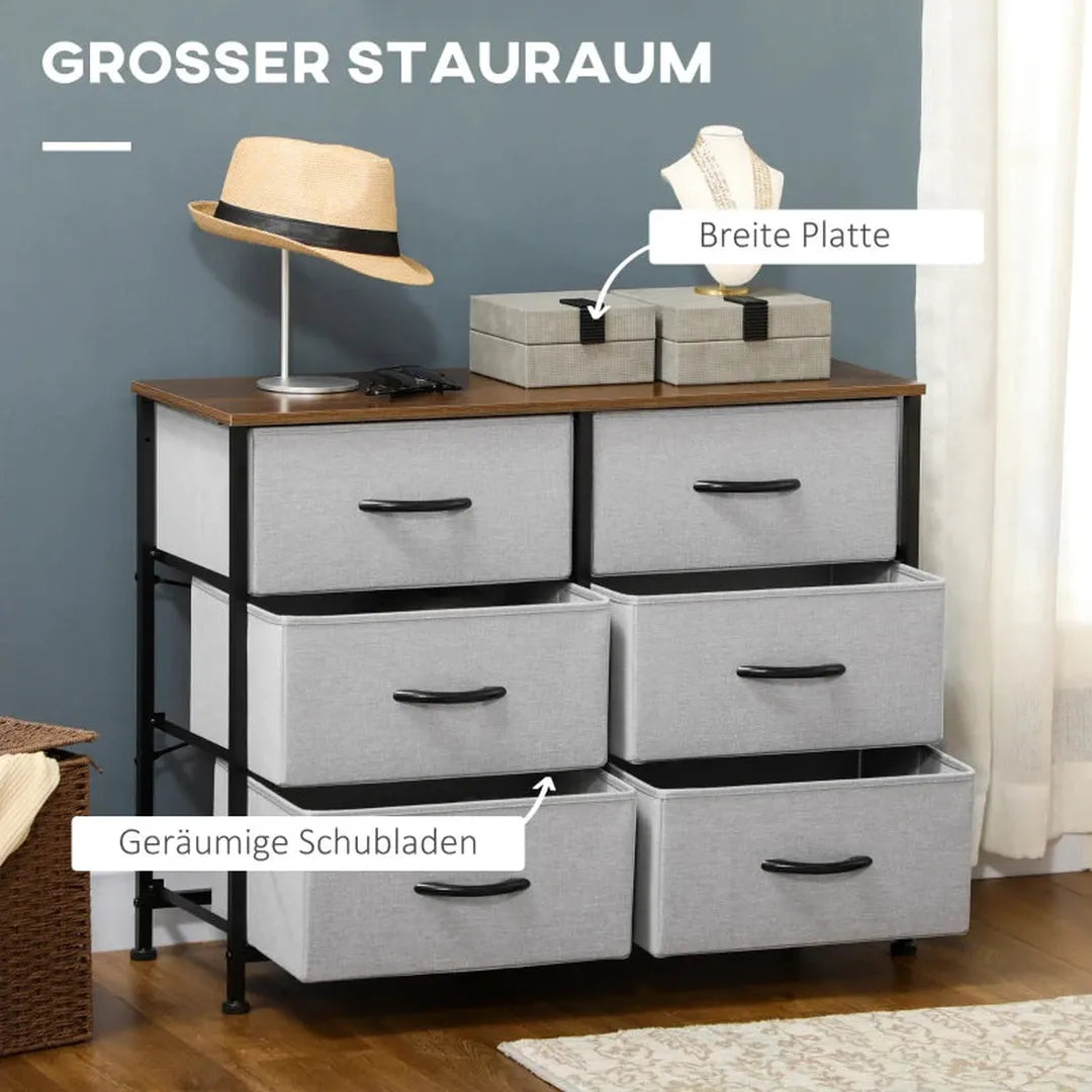 Dressoir met 6 lades – Opbergkast met stoffen schuiflades – 80x30x62,5 cm – Bruin, zwart en grijs