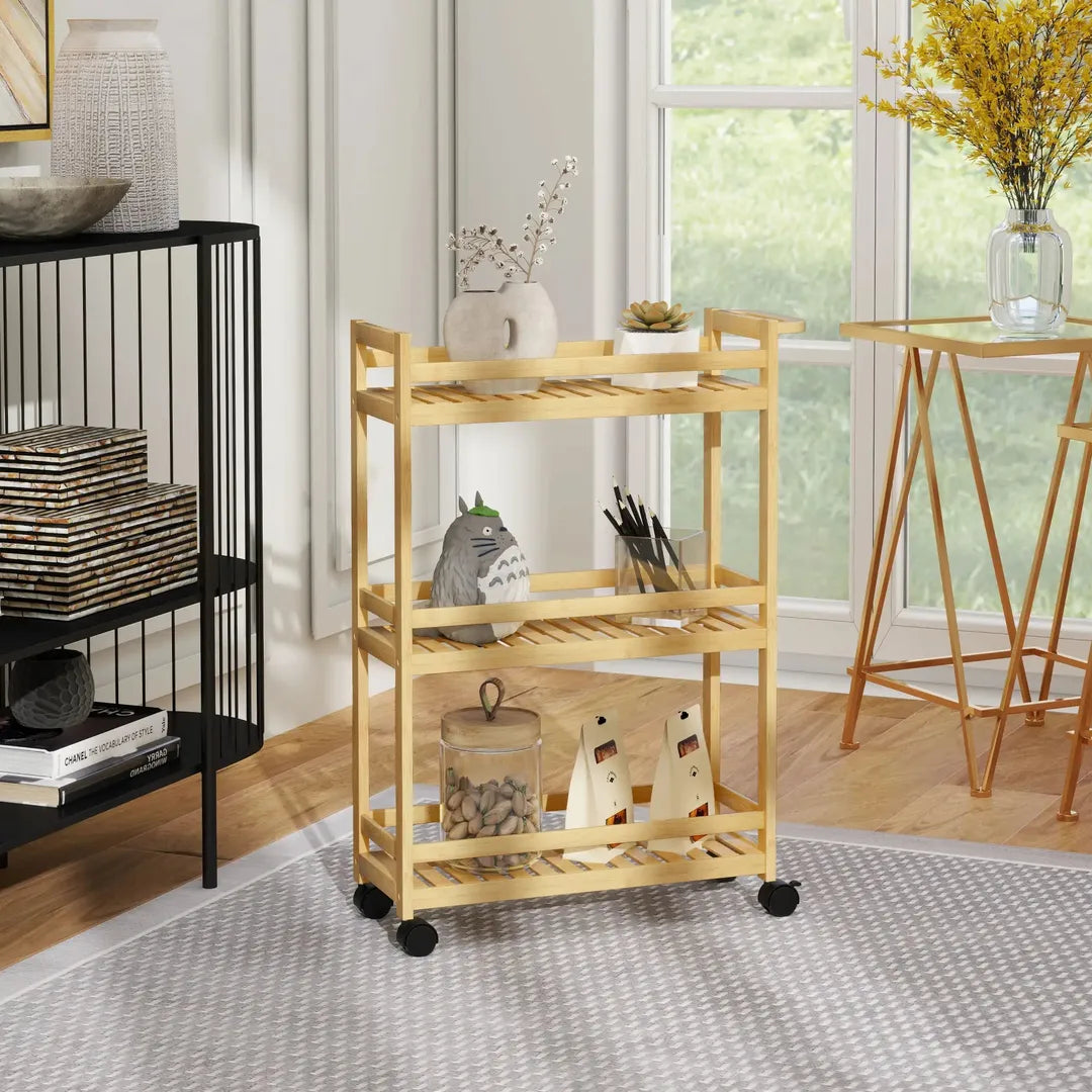Serveerwagen – 3 lagen met lattenbodems en valbescherming – Bamboe – 55 × 20 × 75 cm