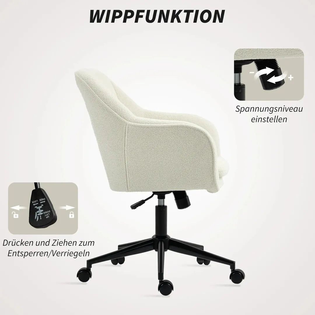 Bureaustoel met stoffen bekleding in sneeuwflanel-look – draaibare make-upstoel met gebogen rugleuning, beige
