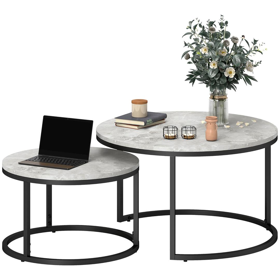 Salontafel Set – 2 Ronde Tafels – Industrieel Design – Metalen Frame – Blad in Marmerlook Grijs