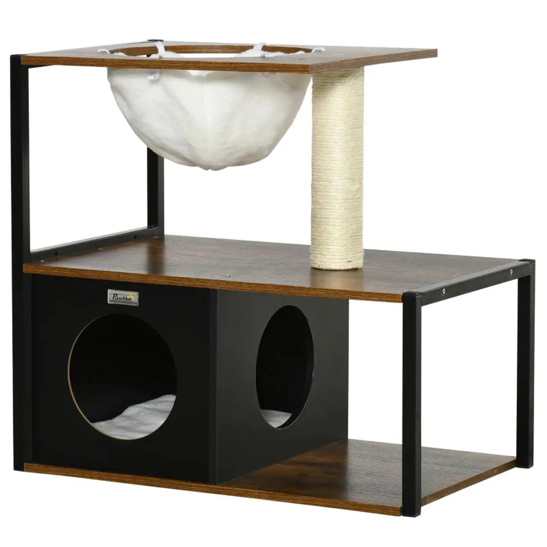 Kattenhuis met hangmat – kattenverblijf met sisal krabpaal – kattenboom van grenenhout – naturel – 70 x 35 x 60 cm