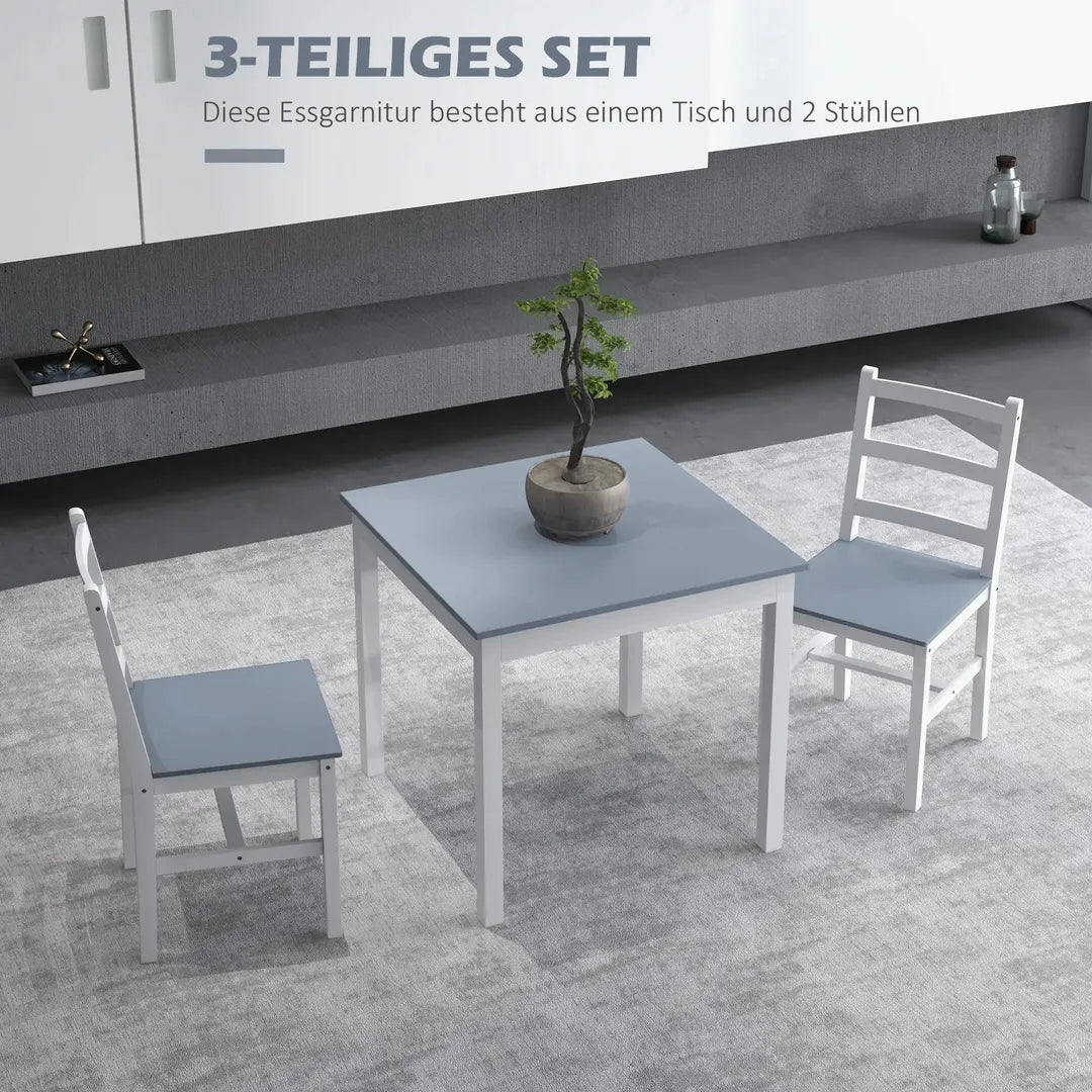 Eettafelset voor 2 Personen – 1 Tafel, 2 Stoelen van Grenenhout – Wit en Grijs