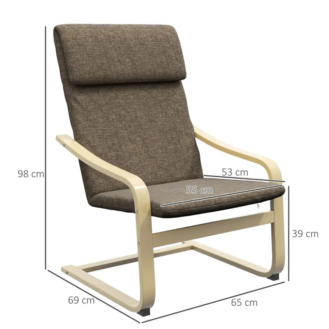 Fauteuil met hoofdsteun en armleuningen – linnen-look bekleding – houten frame – 85 x 75 x 90 cm