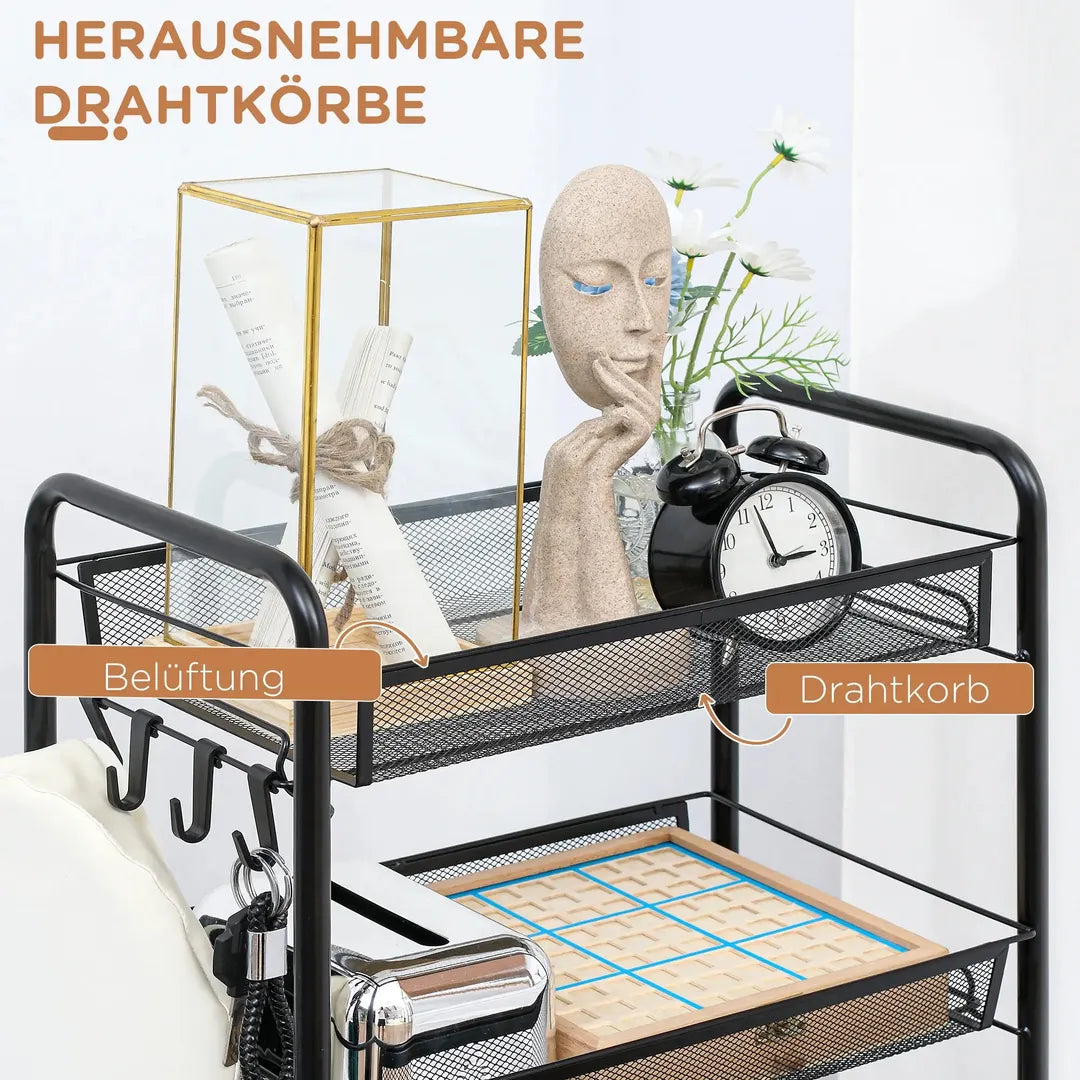 Keukentrolley met 5 Draai- en Opbergmanden – 4 Haken, 4 Wielen, 2 Handgrepen van Staal en Kunststof – 45x26,5x106 cm, Wit