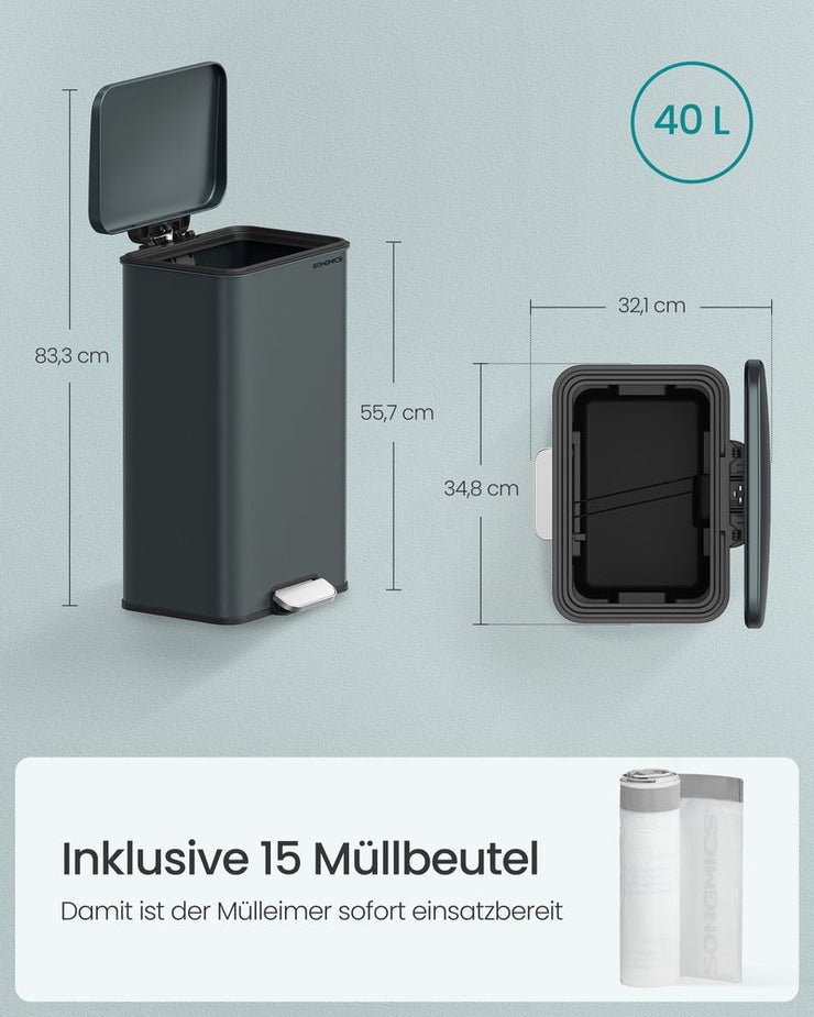 Pedaalemmer 40 liter met zachte sluiting – staal – 34,8 x 32,1 x 55,7 cm – inclusief vuilniszakken
