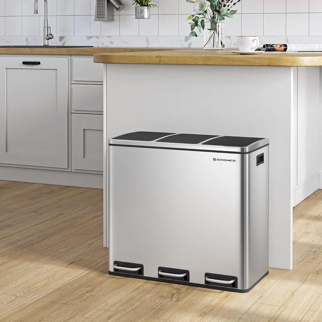 Prullenbak 54 liter – pedaalemmer met 3 vakken – afvalscheiding 3 x 18L – RVS afvalbak