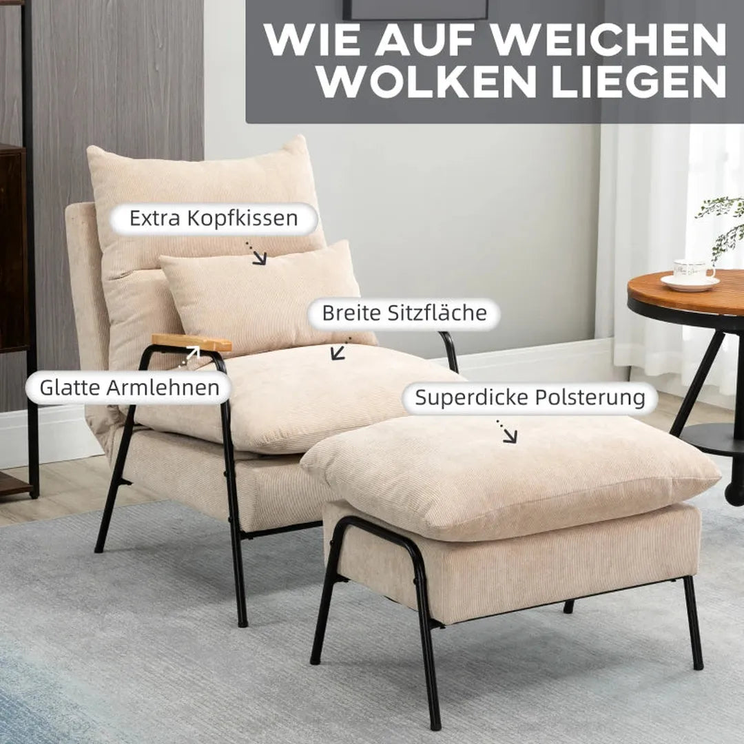 Fauteuil met voetenbank en kussen – stofbekleding – 68 x 91,5 x 88 cm
