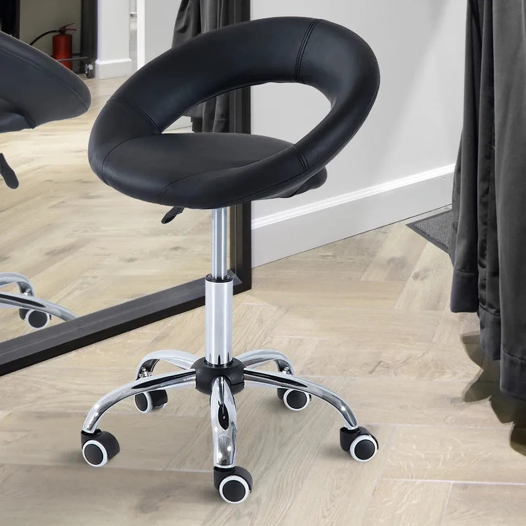 Rollende kruk – 360° draaibaar – in hoogte verstelbaar – PU-zitting – metalen frame – zwart