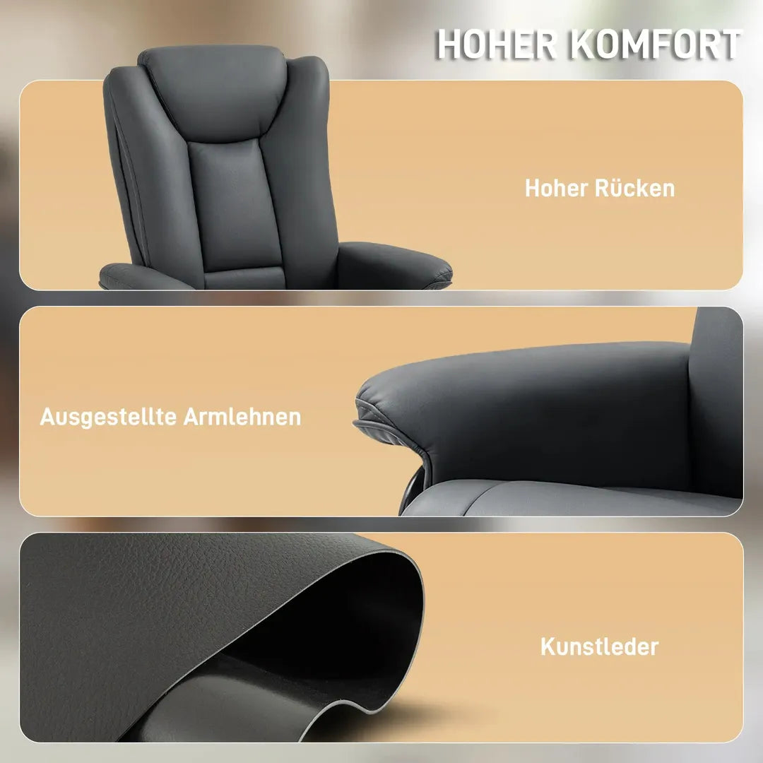 Relaxfauteuil met Ligfunctie – Draaibaar – Kunstleer Zwart – Stalen Frame – Max. 150 kg