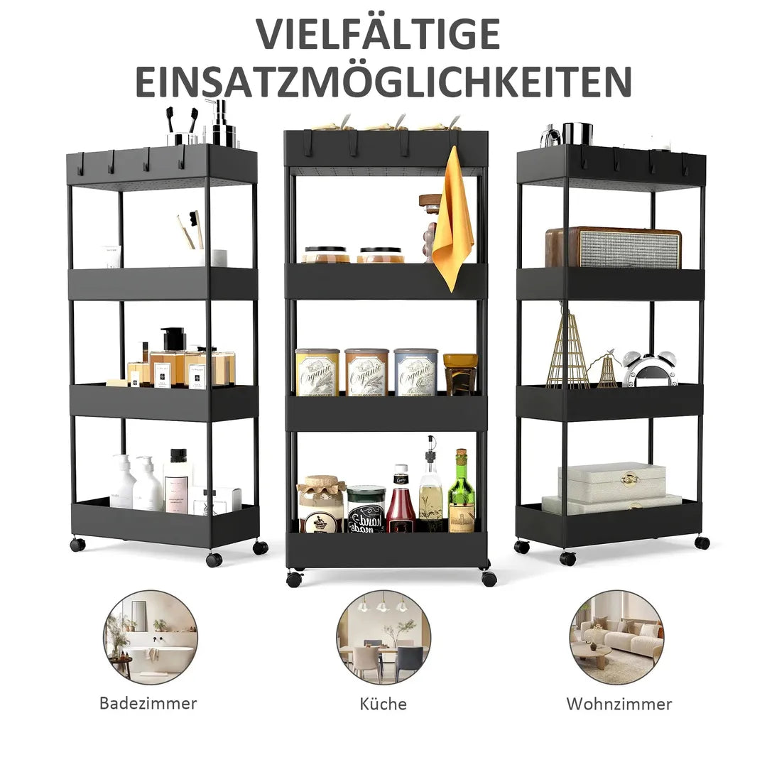 Keukenwagen met 4 legplanken en 4 haken – op wielen – Grijs – 40 × 19 × 90 cm