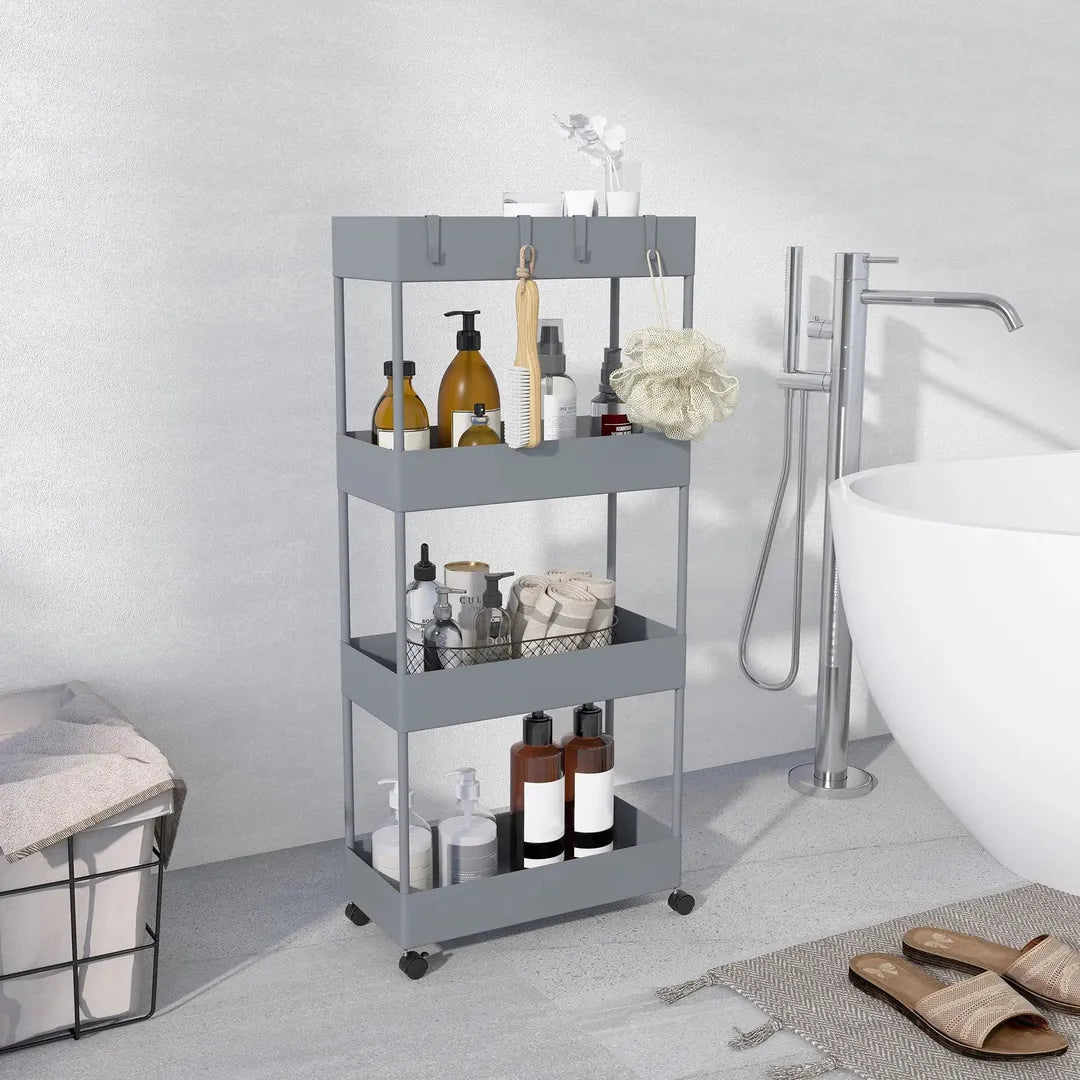 Keukenwagen met 4 legplanken en 4 haken – op wielen – Grijs – 40 × 19 × 90 cm