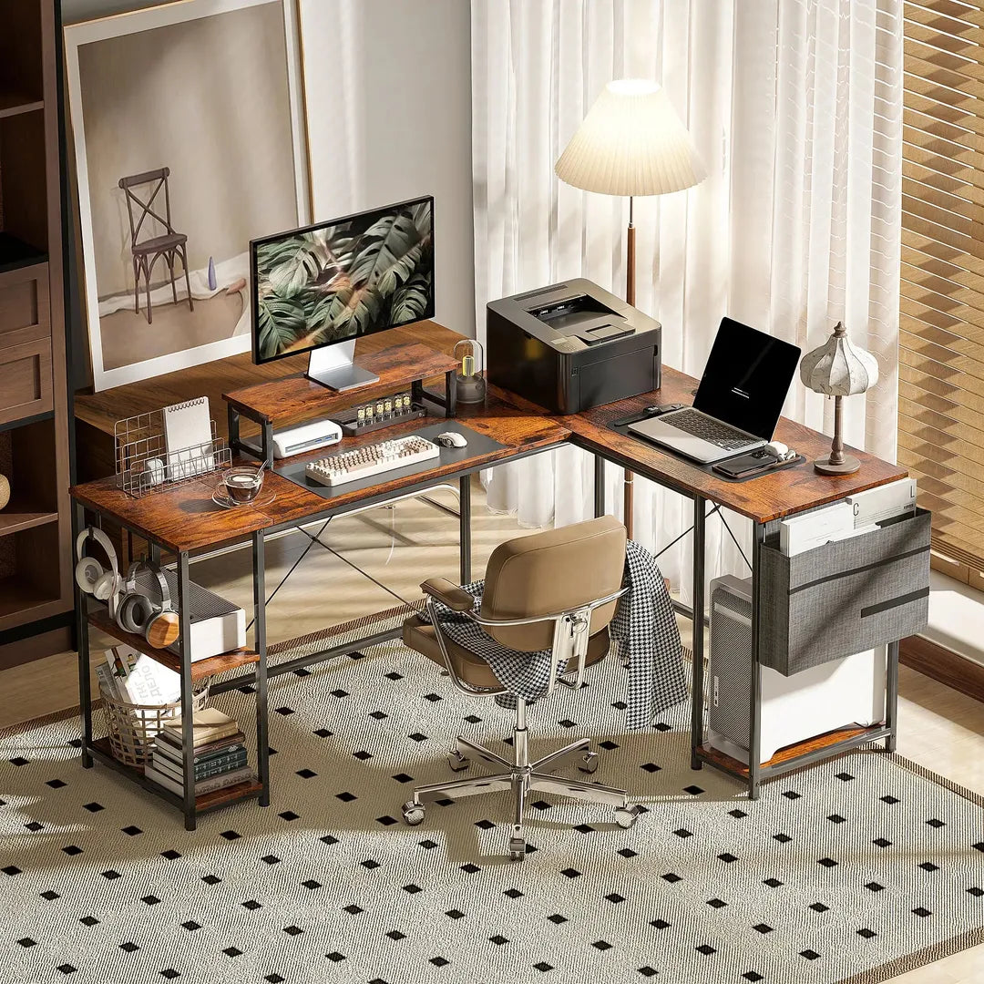 L-vormig bureau met verstelbare legplanken en monitorstand – hoekbureau met opbergtas, bruin