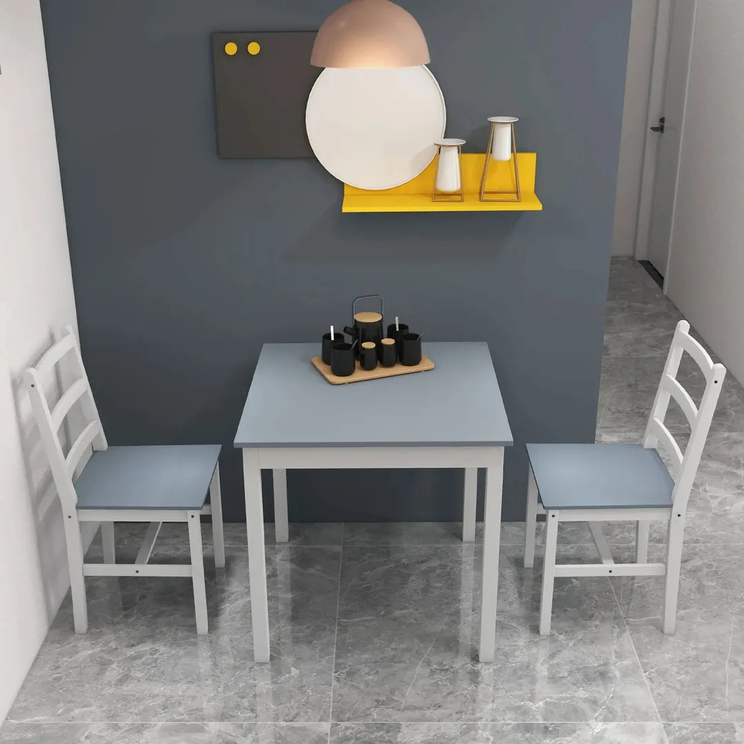 Eettafelset voor 2 Personen – 1 Tafel, 2 Stoelen van Grenenhout – Wit en Grijs