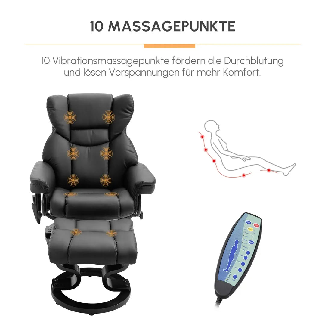Relaxfauteuil met Massagefunctie en Voetenbank – Kunstleer Zwart – Verstelbaar 79 × 82 × 101 cm