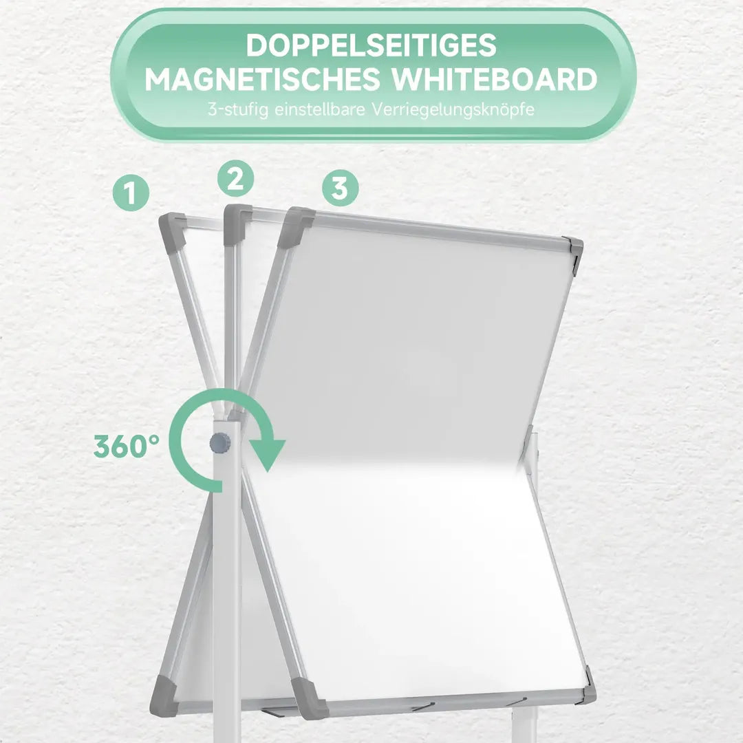 Whiteboard op standaard – magnetisch, draaibaar en verrijdbaar, inclusief markers en wisser, 120 × 90 cm
