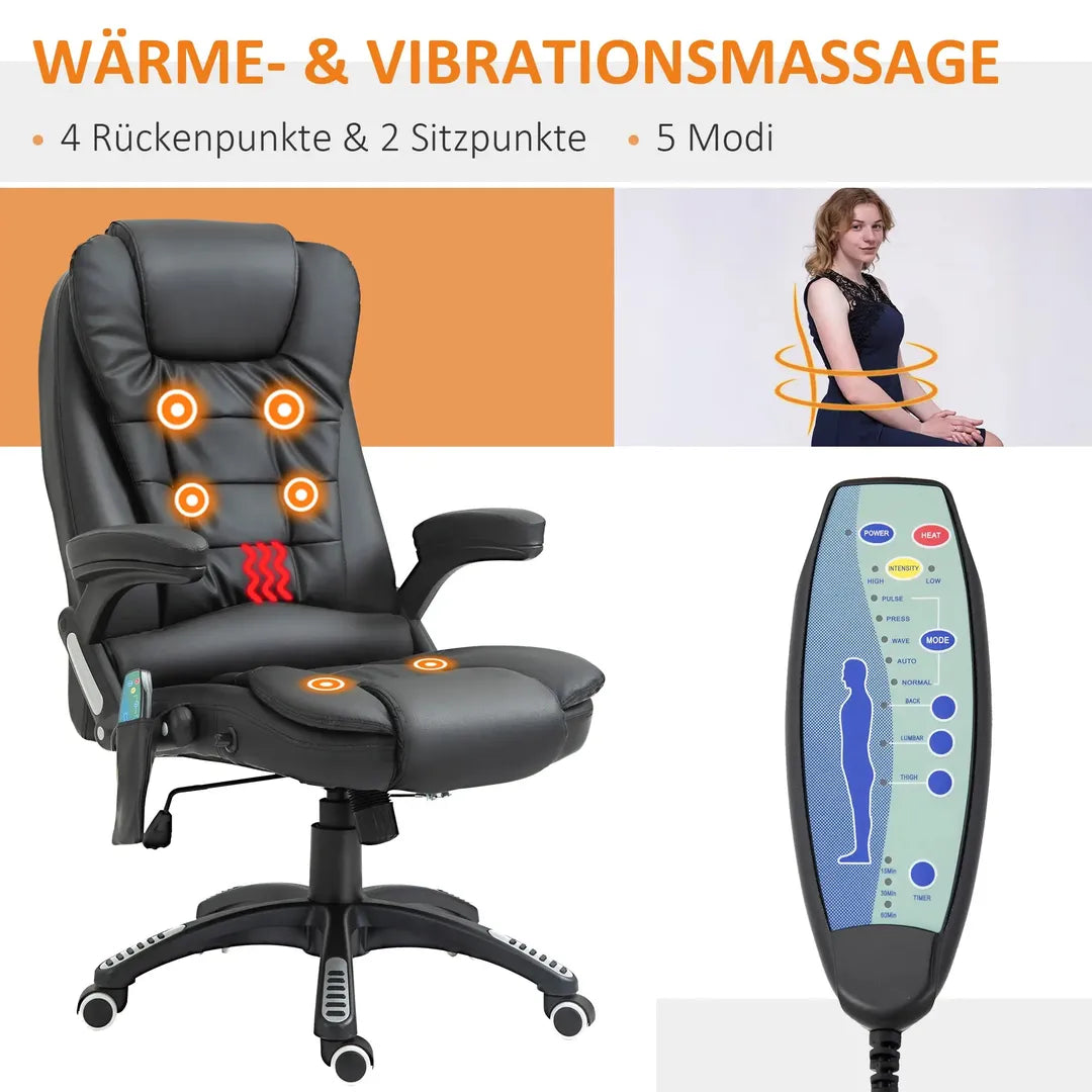 Bureaustoel met massage- en verwarmingsfunctie – verstelbaar, kantelbaar en 360° draaibaar, kunstleder, bruin