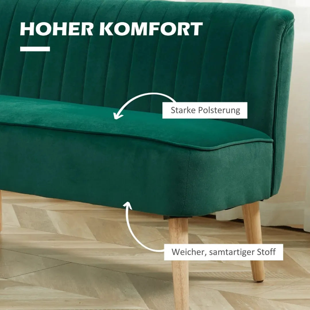 2-zits stoffen bank – gestoffeerd met fluweelachtig polyester – donker groen – houtframe – 117 x 56,5 x 77 cm