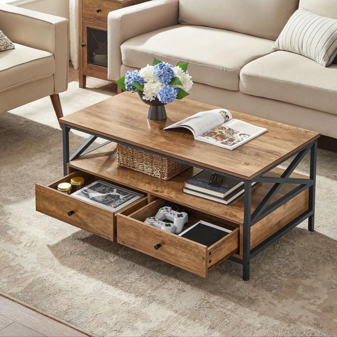 Salontafel met 2 lades – industriële stijl, verstelbare poten, spaanplaat en staal, 100 cm breed