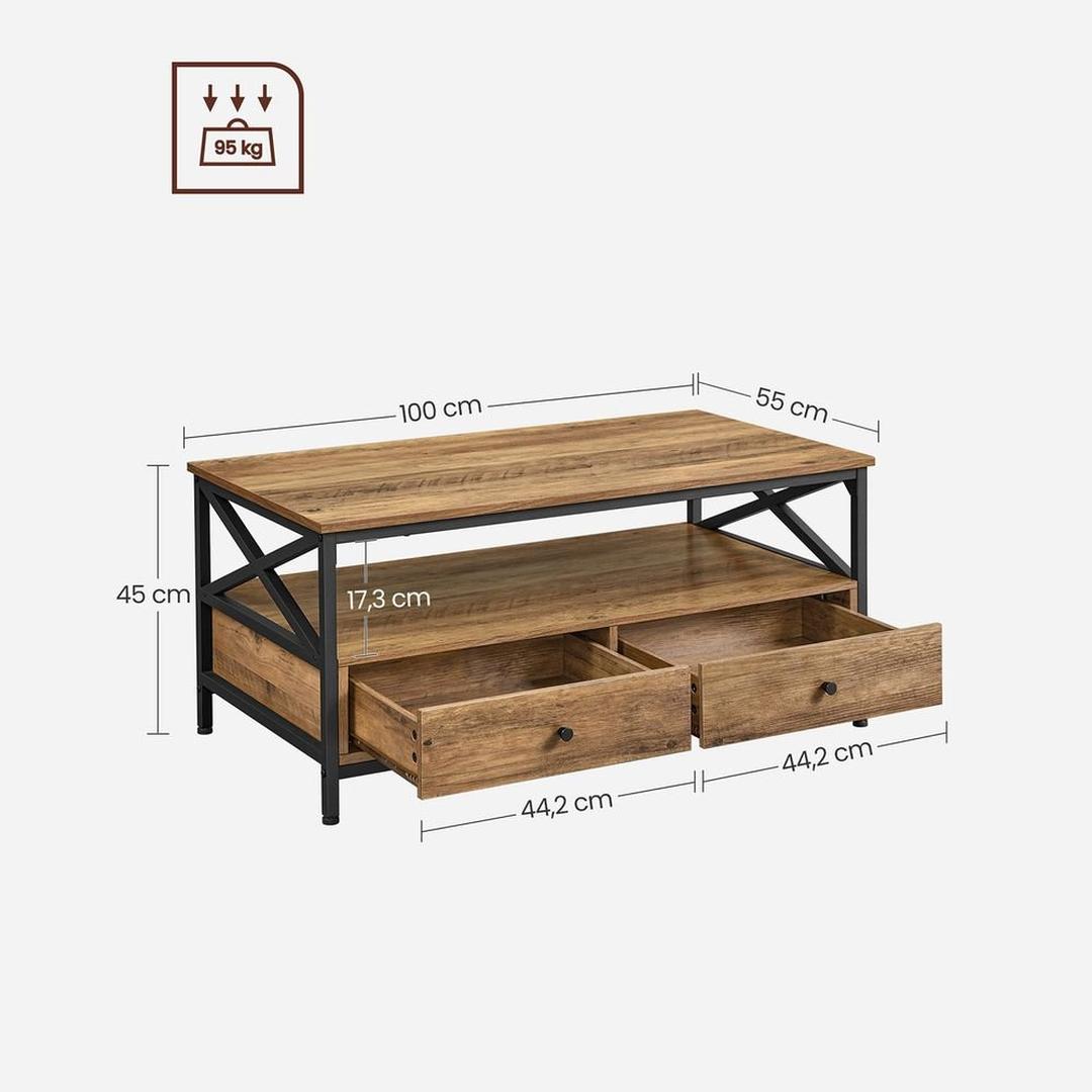 Salontafel met 2 lades – industriële stijl, verstelbare poten, spaanplaat en staal, 100 cm breed