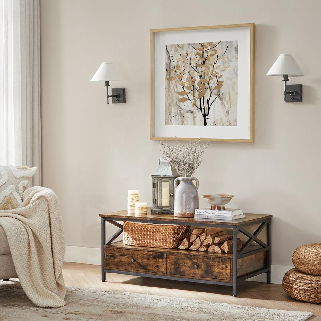 Salontafel met 2 lades – industriële stijl, verstelbare poten, spaanplaat en staal, 100 cm breed