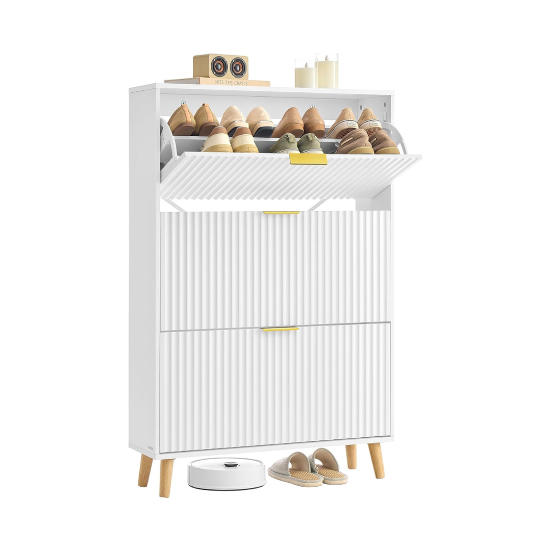 Schoenenkast met 3 deuren – mid-century modern, geribbelde deuren, voor 18–24 paar schoenen, 80 × 24 × 123 cm