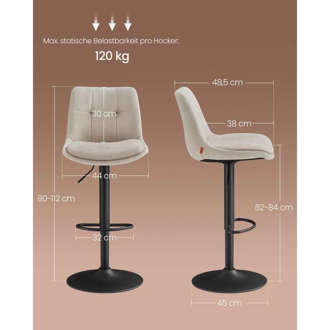 2-delige Set Verstelbare Barstoelen met Rugleuning en Voetsteun – Volledig 360° Draaibaar