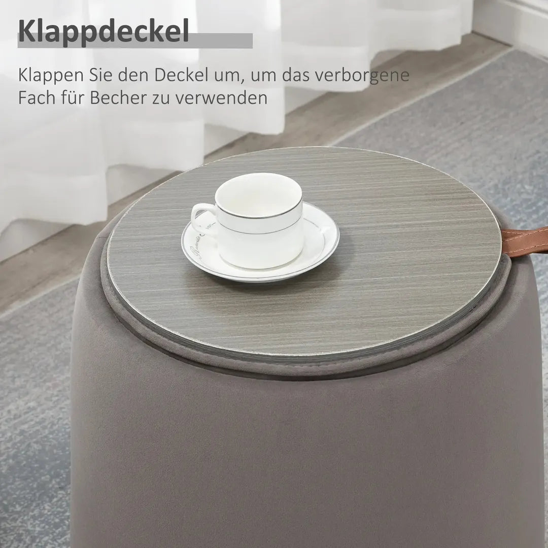 Poef – Moderne Voetenbank – Donkergrijs met Bruin – Stoffen Bekleding en Houten Poten