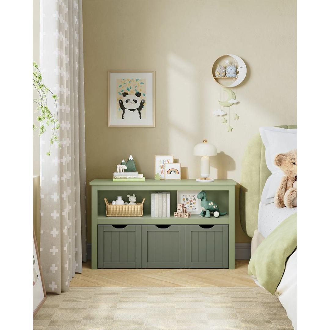 Speelgoedkast met 3 opbergbakken – kinderopbergkast van MDF, met wieltjes, 102 × 30 × 60 cm
