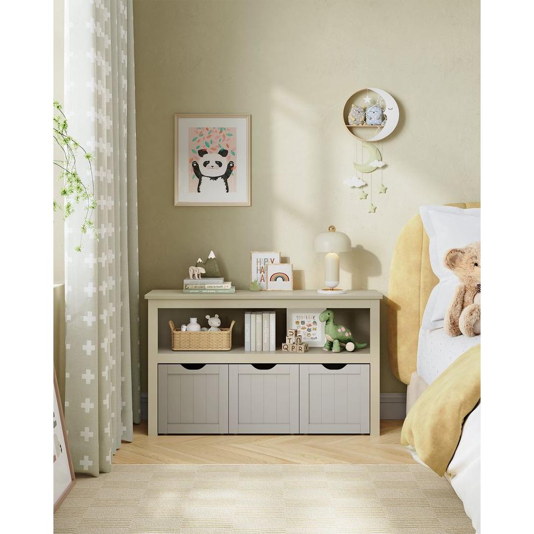 Speelgoedkast met 3 opbergbakken – kinderopbergkast van MDF, met wieltjes, 102 × 30 × 60 cm