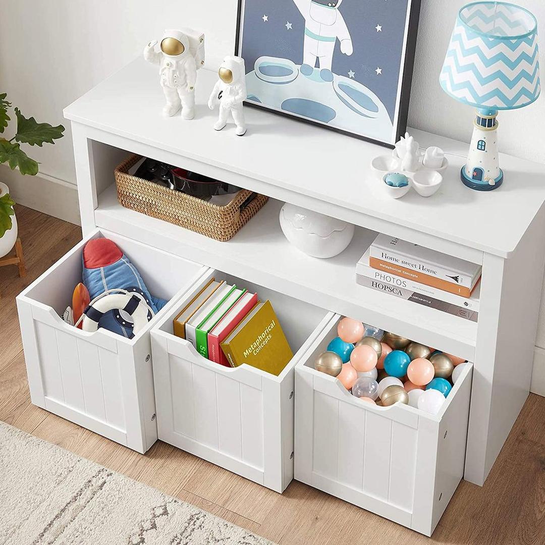 Speelgoedkast met 3 opbergbakken – kinderopbergkast van MDF, met wieltjes, 102 × 30 × 60 cm