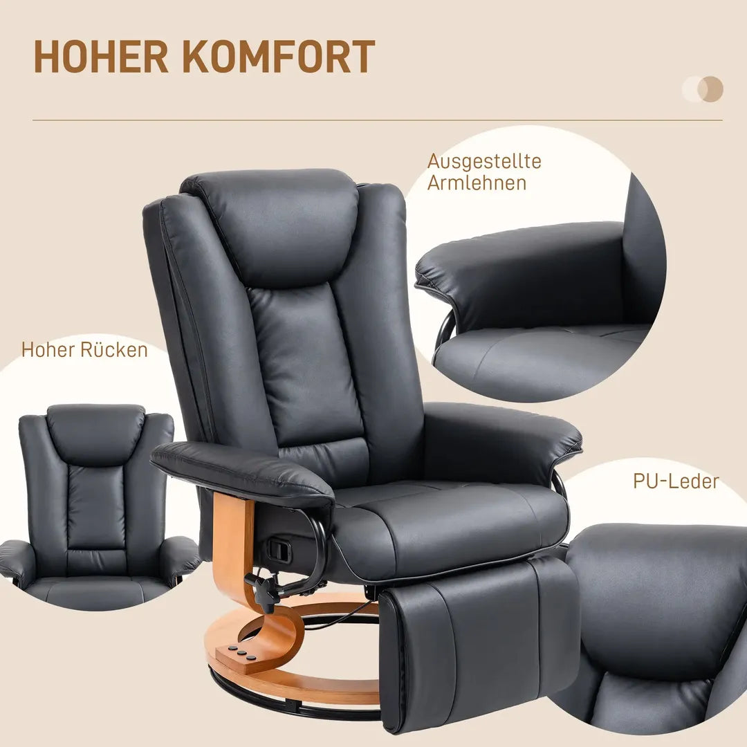 Relaxfauteuil met Ligfunctie – Draaibaar – Kunstleer Zwart – Stalen Frame – Max. 150 kg
