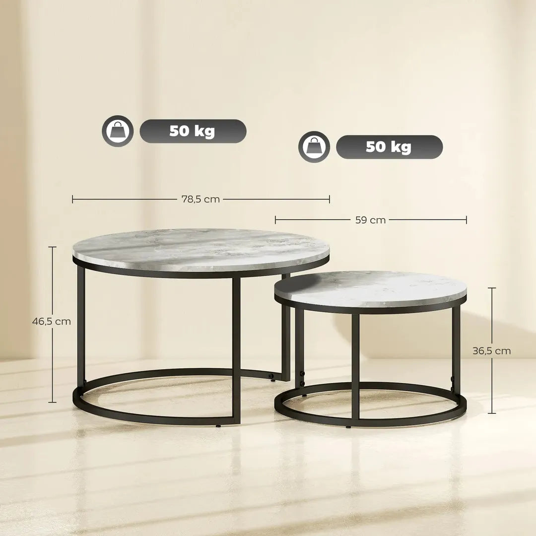 Salontafel Set – 2 Ronde Tafels – Industrieel Design – Metalen Frame – Blad in Marmerlook Grijs