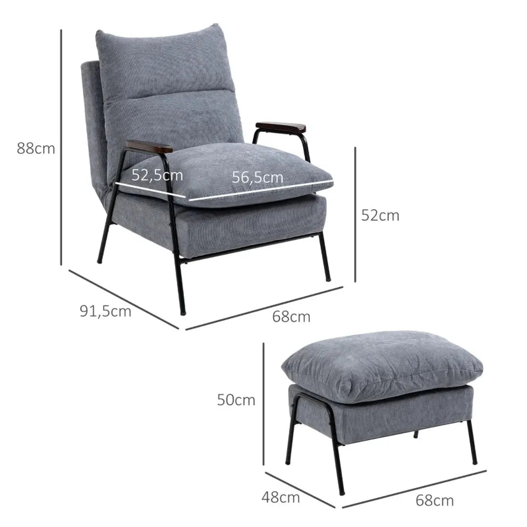 Fauteuil met voetenbank en kussen – stofbekleding – 68 x 91,5 x 88 cm