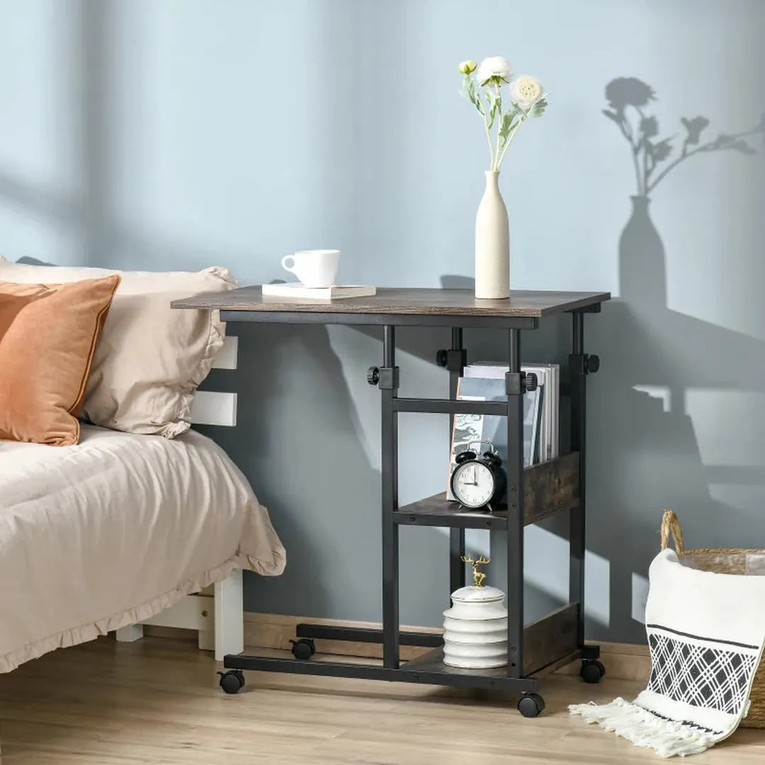 Bijzettafel met wielen – in hoogte verstelbaar – 2 planken – metalen frame – 80 x 40 x 72-82 cm