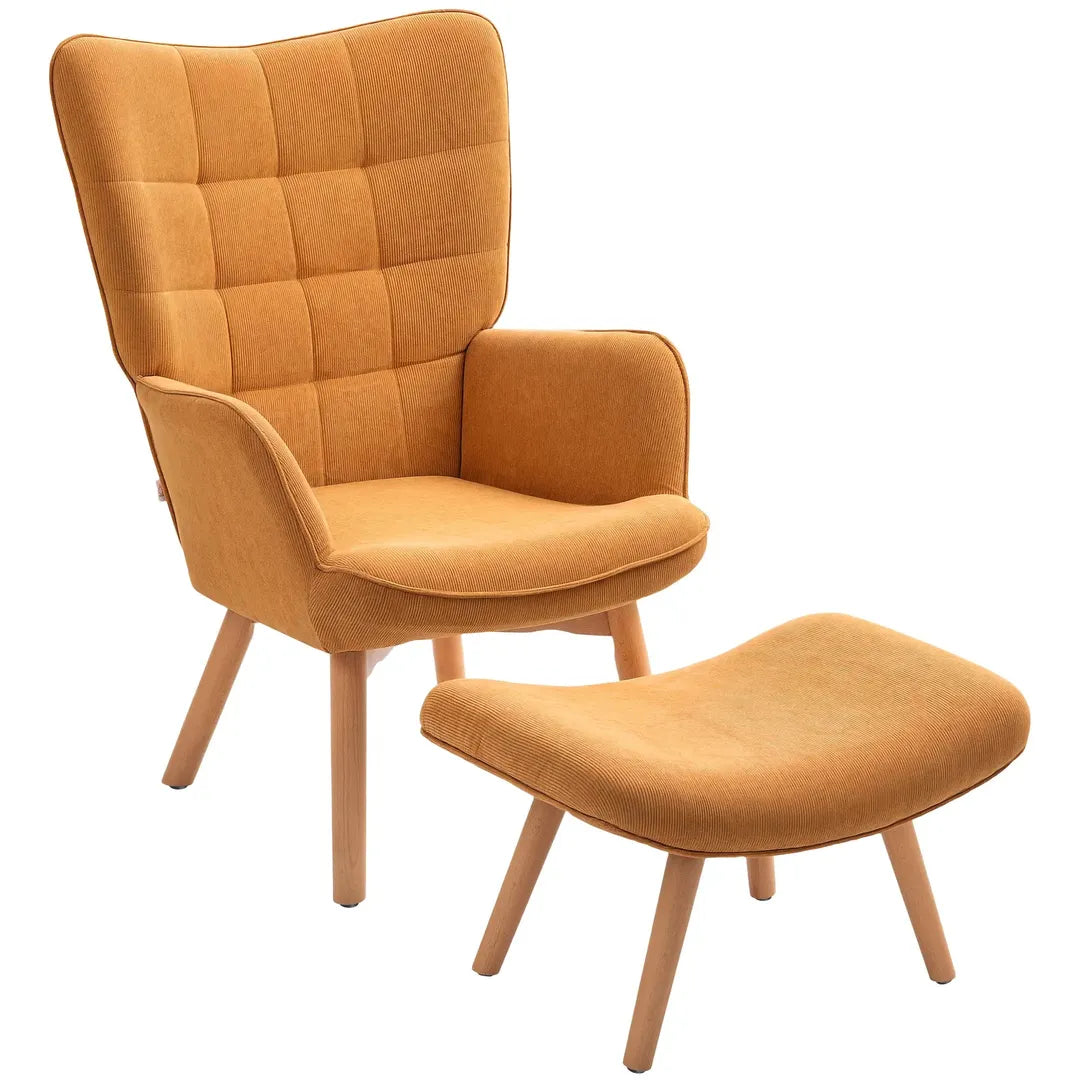 Fauteuil met Hocker – Relaxstoel in Cordstof met Armleuningen en Houten Poten, Grijs, voor Woonkamer