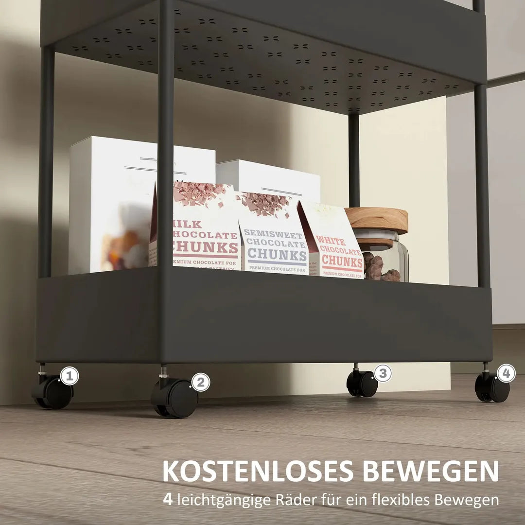 Keukenwagen met 4 legplanken en 4 haken – op wielen – Grijs – 40 × 19 × 90 cm