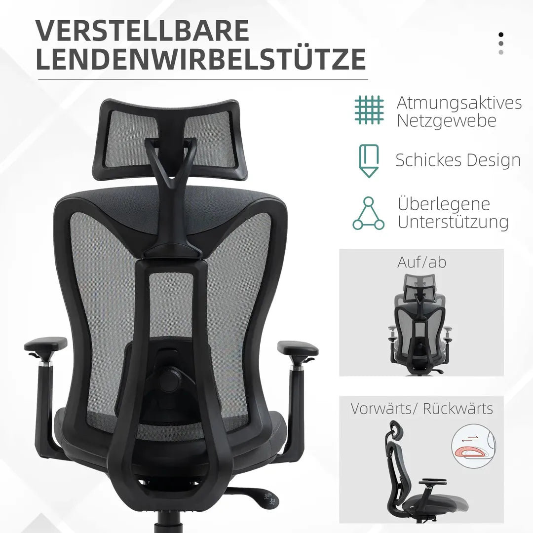 Bureaustoel met 135° kantelfunctie – in hoogte verstelbaar, ergonomische rug- en hoofdsteun, grijs