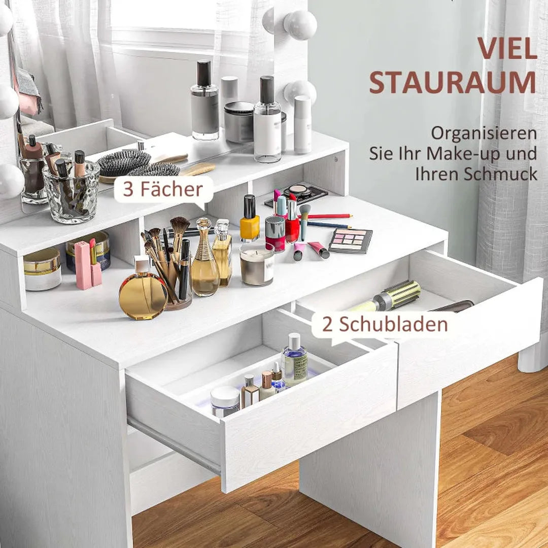 Kaptafel met verlichte spiegel – 3 lichtstanden – 10 lampjes – lades – modern – wit