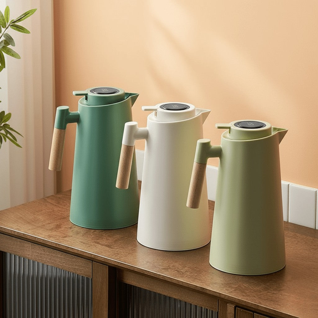 Vesinstra product van roestvrij staal (double-walled), wooden handgreep – close-up van het materiaal