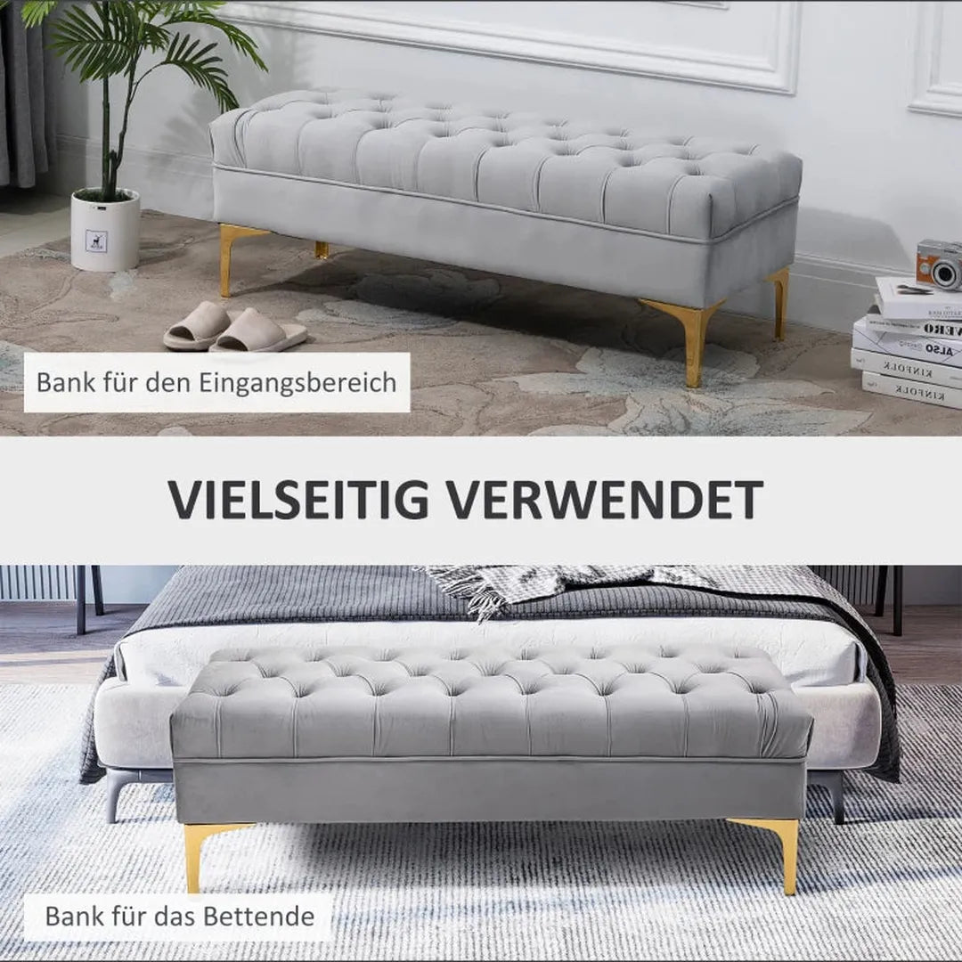 Slaapkamerbank met verhoogde poten – Opberg- en zitbank voor bed of hal – Fluweel stof in lichtgrijs