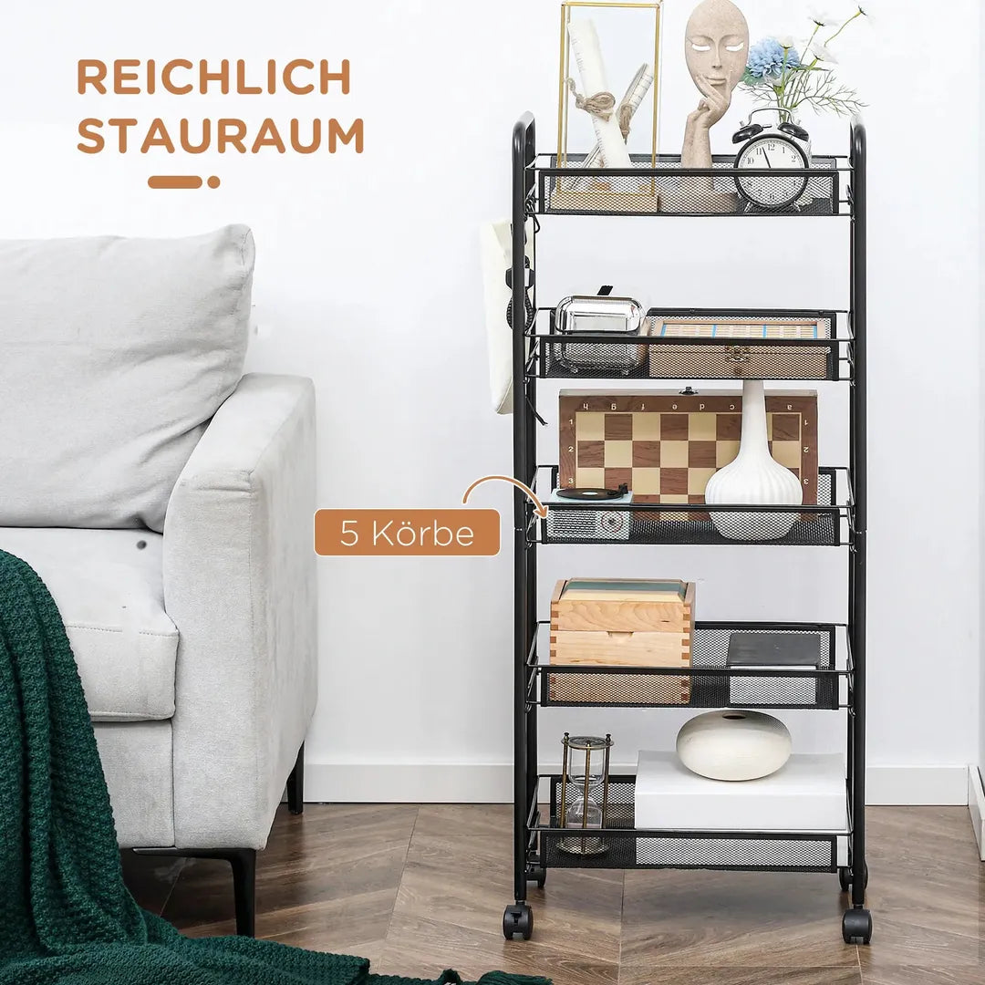 Keukentrolley met 5 Draai- en Opbergmanden – 4 Haken, 4 Wielen, 2 Handgrepen van Staal en Kunststof – 45x26,5x106 cm, Wit