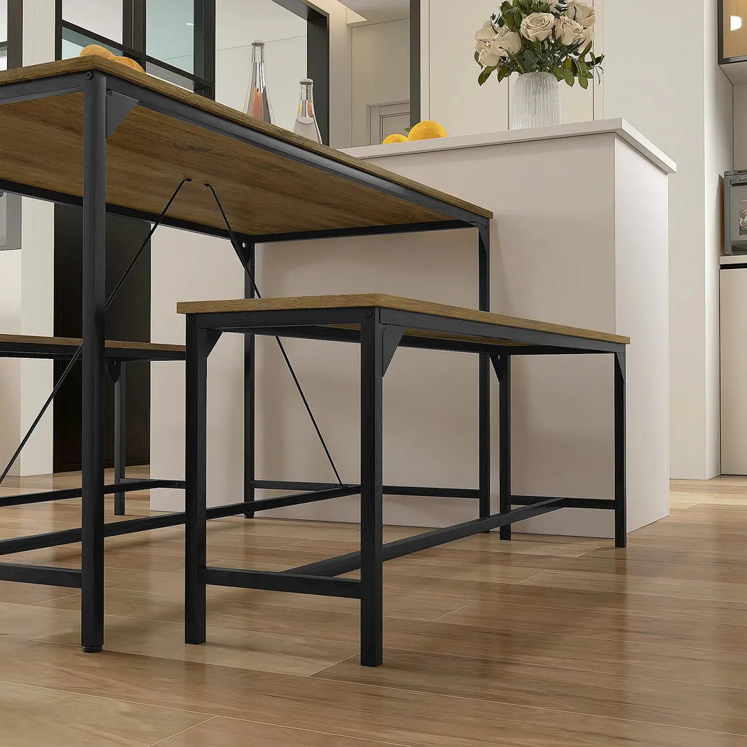 Eettafelset voor 4 Personen – Tafel met 2 Banken van Metaal en Hout, Industrieel Design, 120 x 70 x 75 cm, Zwart/Natuur