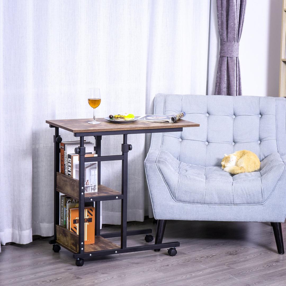 Bijzettafel met Rollen – Hoogteverstelbaar, 2 Opbergniveaus, Metaalframe, 80x40x72-82 cm, Bruin/Zwart