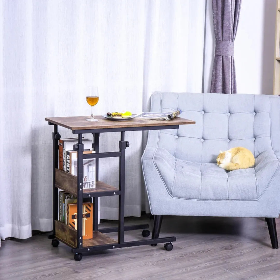 Bijzettafel met wielen – in hoogte verstelbaar – 2 planken – metalen frame – 80 x 40 x 72-82 cm