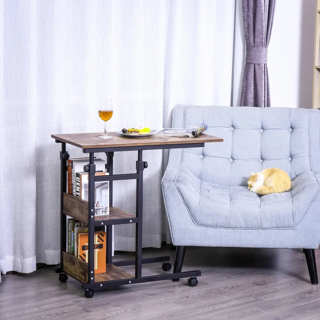 Bijzettafel met Rollen – Hoogteverstelbaar, 2 Opbergniveaus, Metaalframe, 80x40x72-82 cm, Bruin/Zwart