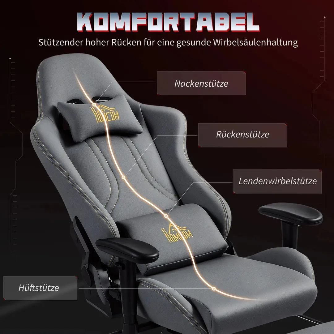 Ergonomische gamingstoel met 3D-armleuningen – verstelbare rugleuning, lendensteun en wielen, grijs