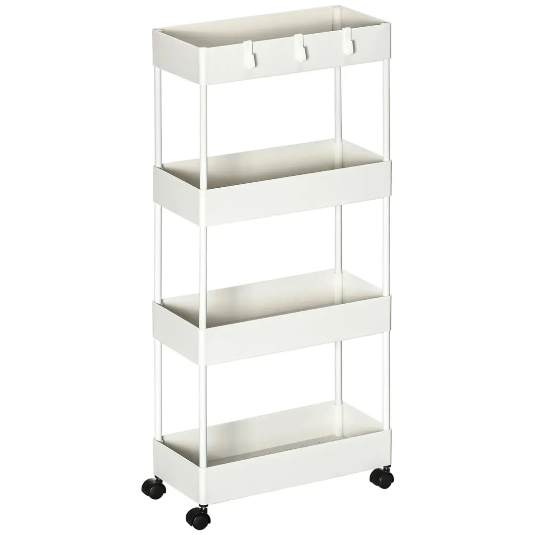 Keukenwagen met 4 legplanken en 4 haken – op wielen – Wit – 40 × 19 × 90 cm